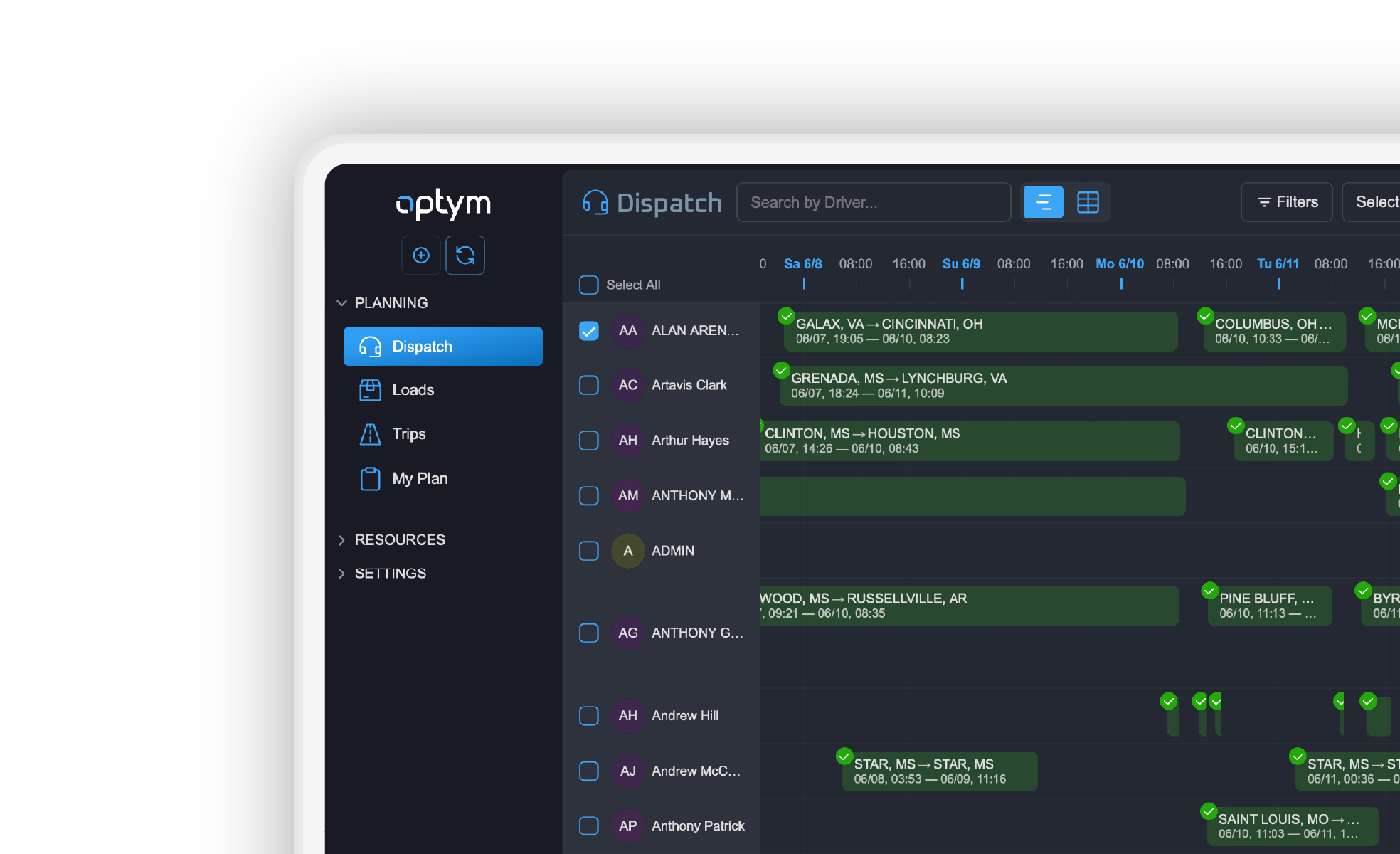 Optym software interface